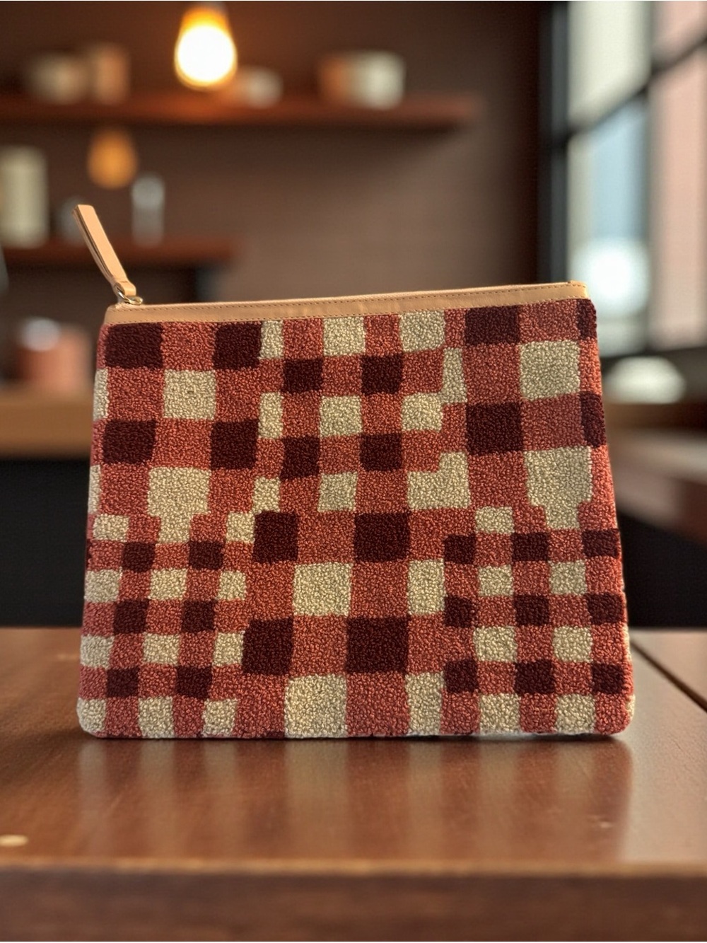 Checkerboard Zip Clutch in Rust and Cream
